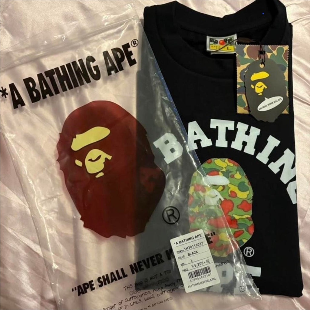 BAPE A Bathing Ape Bape Camouflage Logo Graphic Cotton T-Shirt Black Crew Neck Men L