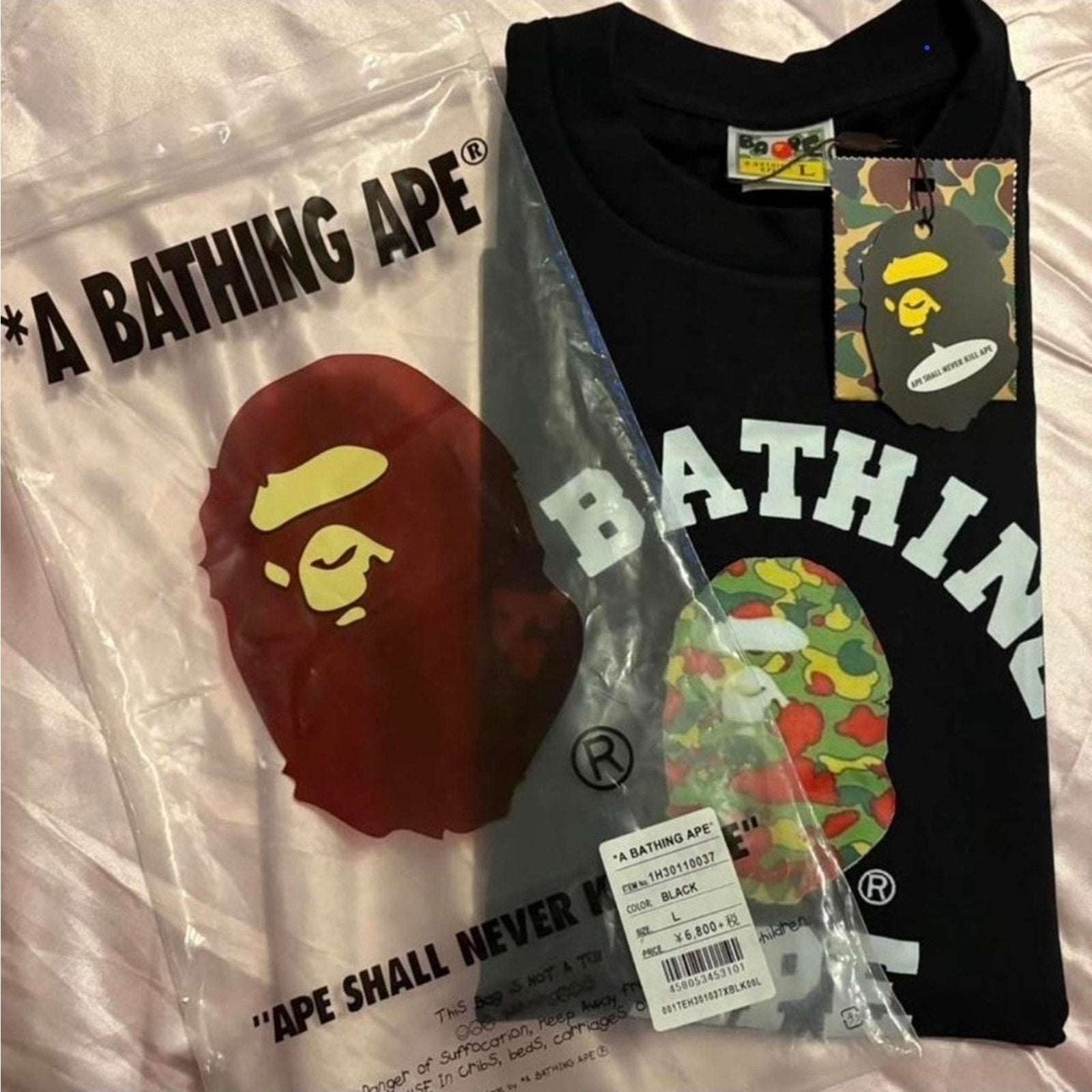 BAPE A Bathing Ape Bape Camouflage Logo Graphic Cotton T-Shirt Black Crew Neck Men L