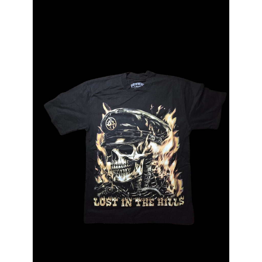 Lost In The Hills Shirt Mens Medium Black Skull Flames Biker Graphic Tee USA