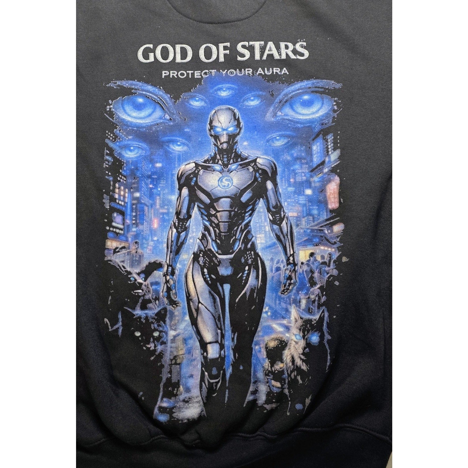 God Of Stars Protect Your Aura Hoodie Black Graphic Cyberpunk Medium