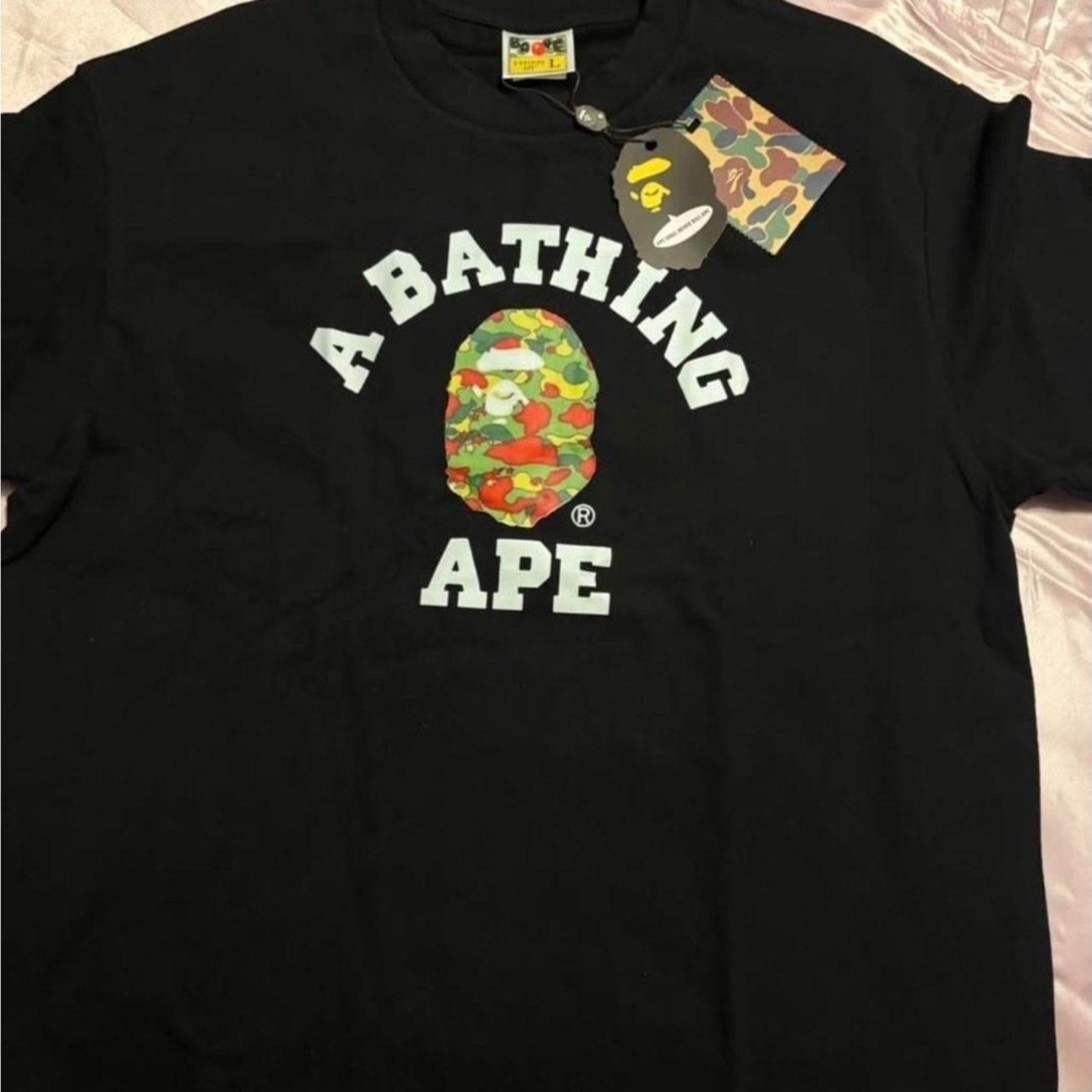 BAPE A Bathing Ape Bape Camouflage Logo Graphic Cotton T-Shirt Black Crew Neck Men L