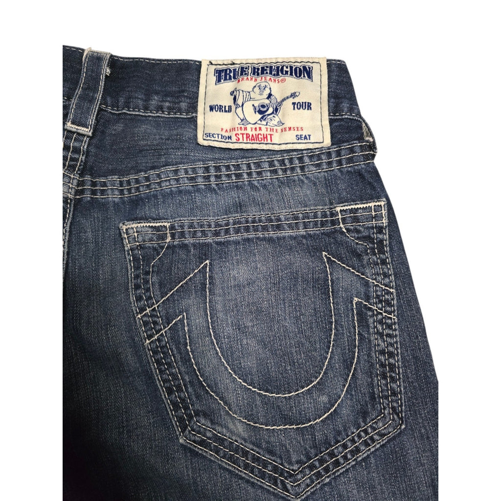 True Religion World Tour Men's Straight Blue Denim Jeans Embroidered Logo Button