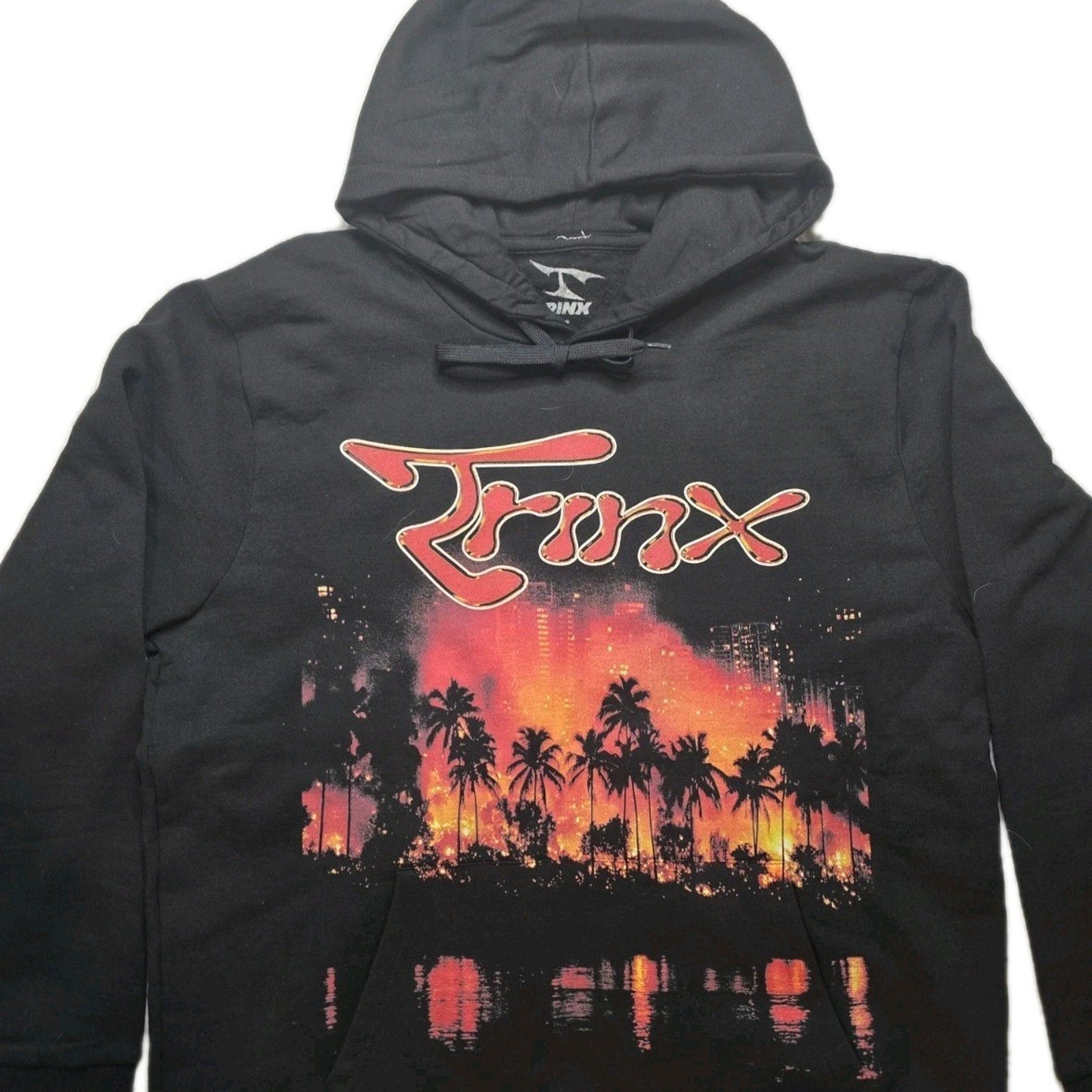 TRINX Graphic Hoodie Mens XL Black Flame City Streetwear Pullover USA
