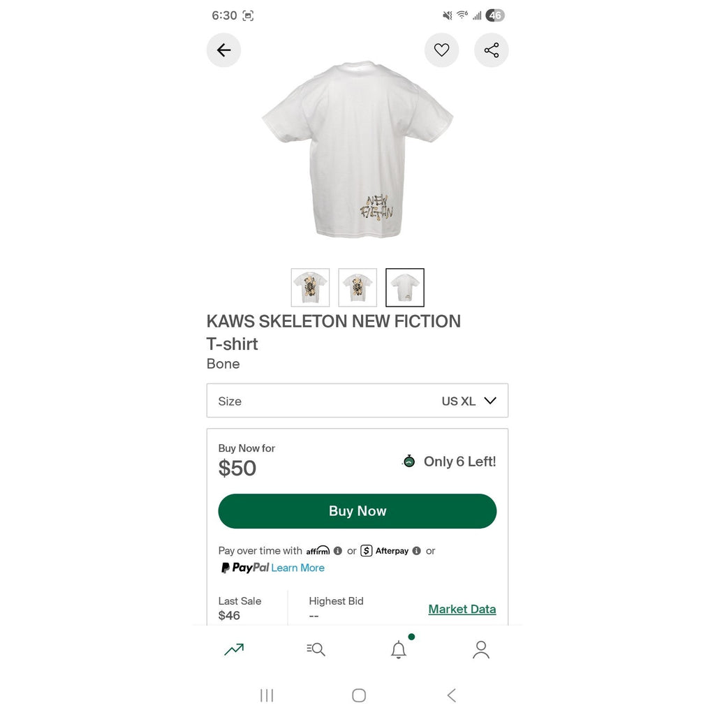KAWS Skeleton NEW FICTION Bone Graphic Cotton T-Shirt White Crew Neck Men XL