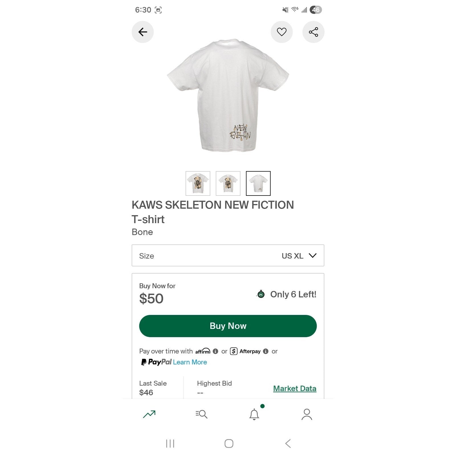 KAWS Skeleton NEW FICTION Bone Graphic Cotton T-Shirt White Crew Neck Men XL