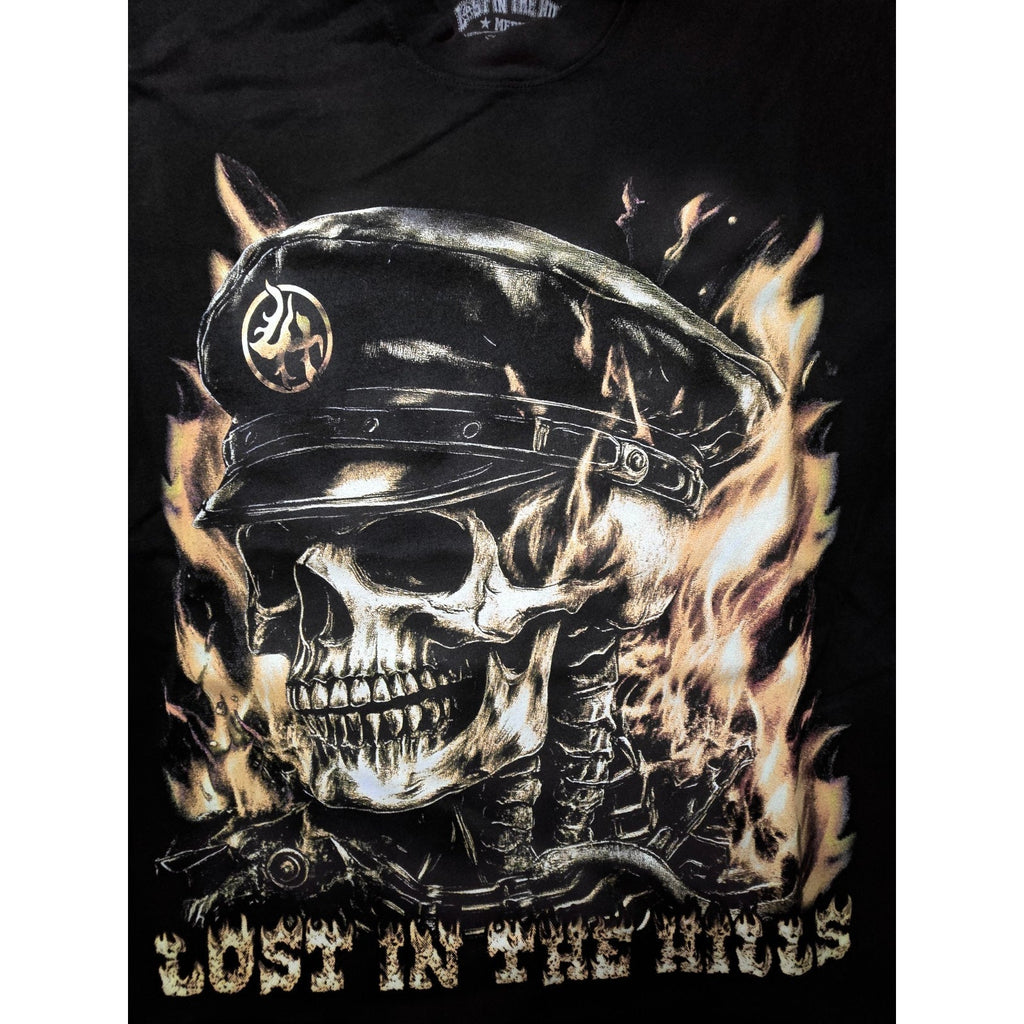 Lost In The Hills Shirt Mens Medium Black Skull Flames Biker Graphic Tee USA