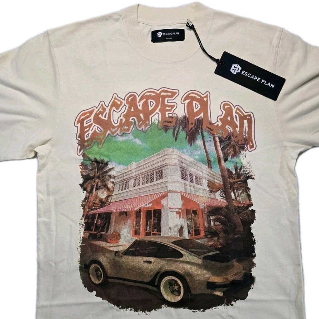 Escape Plan Freedom Graphic Tee Cream NWT Medium $160 Retail Car Palm Trees