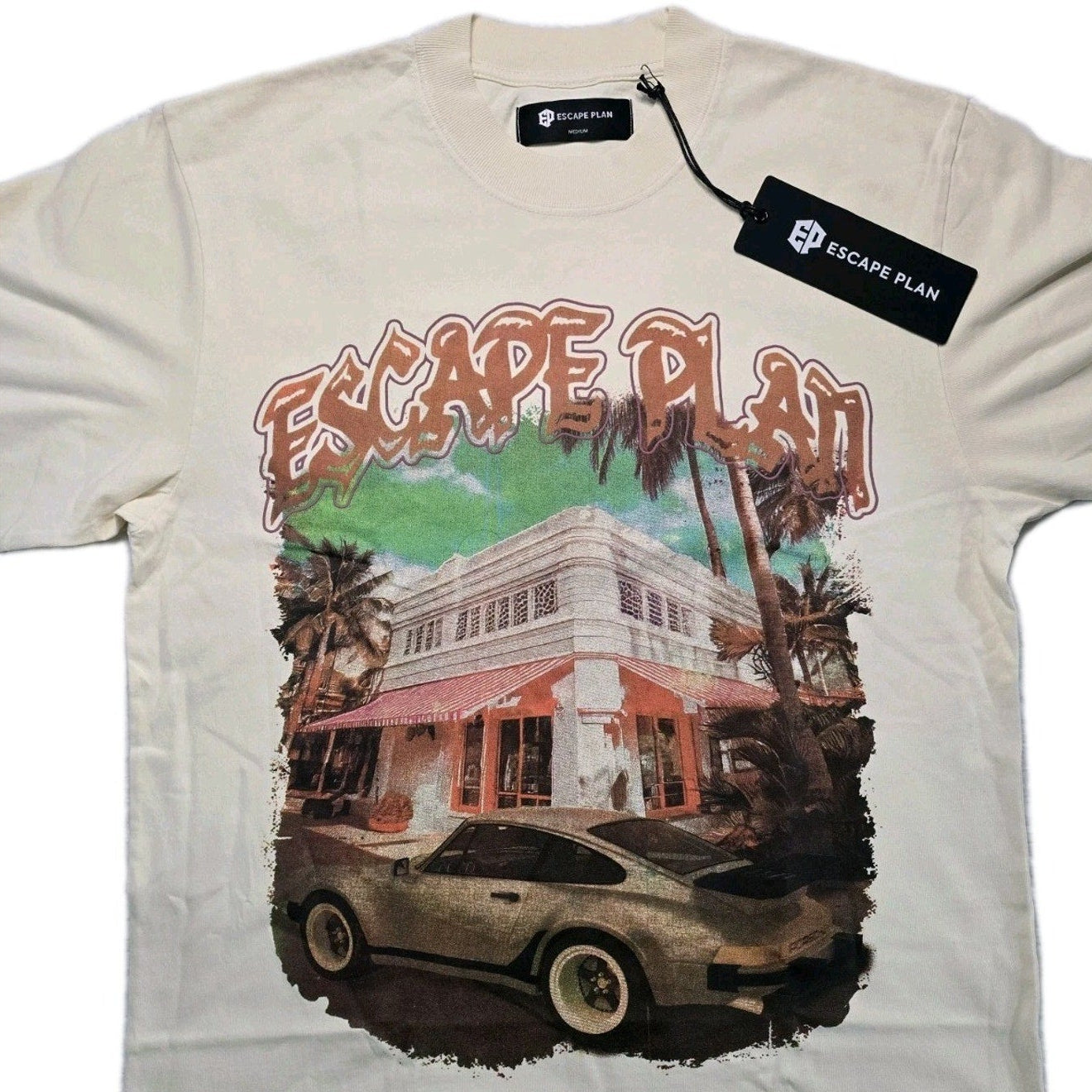 Escape Plan Freedom Graphic Tee Cream NWT Medium $160 Retail Car Palm Trees