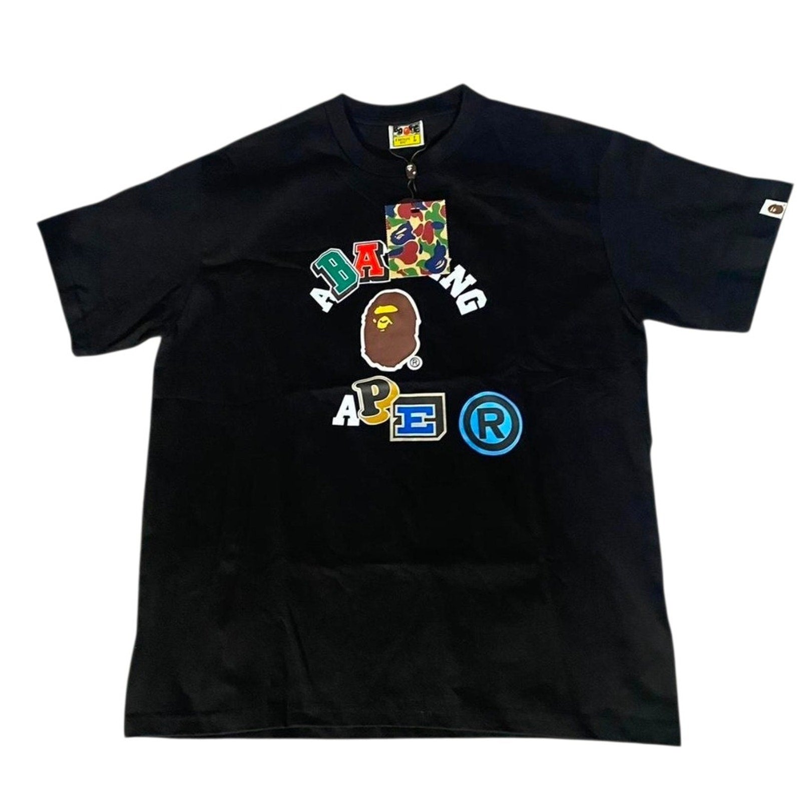 A Bathing Ape Bape Graphic Logo Cotton T-Shirt Black Crew Neck Men L Short Sleeve