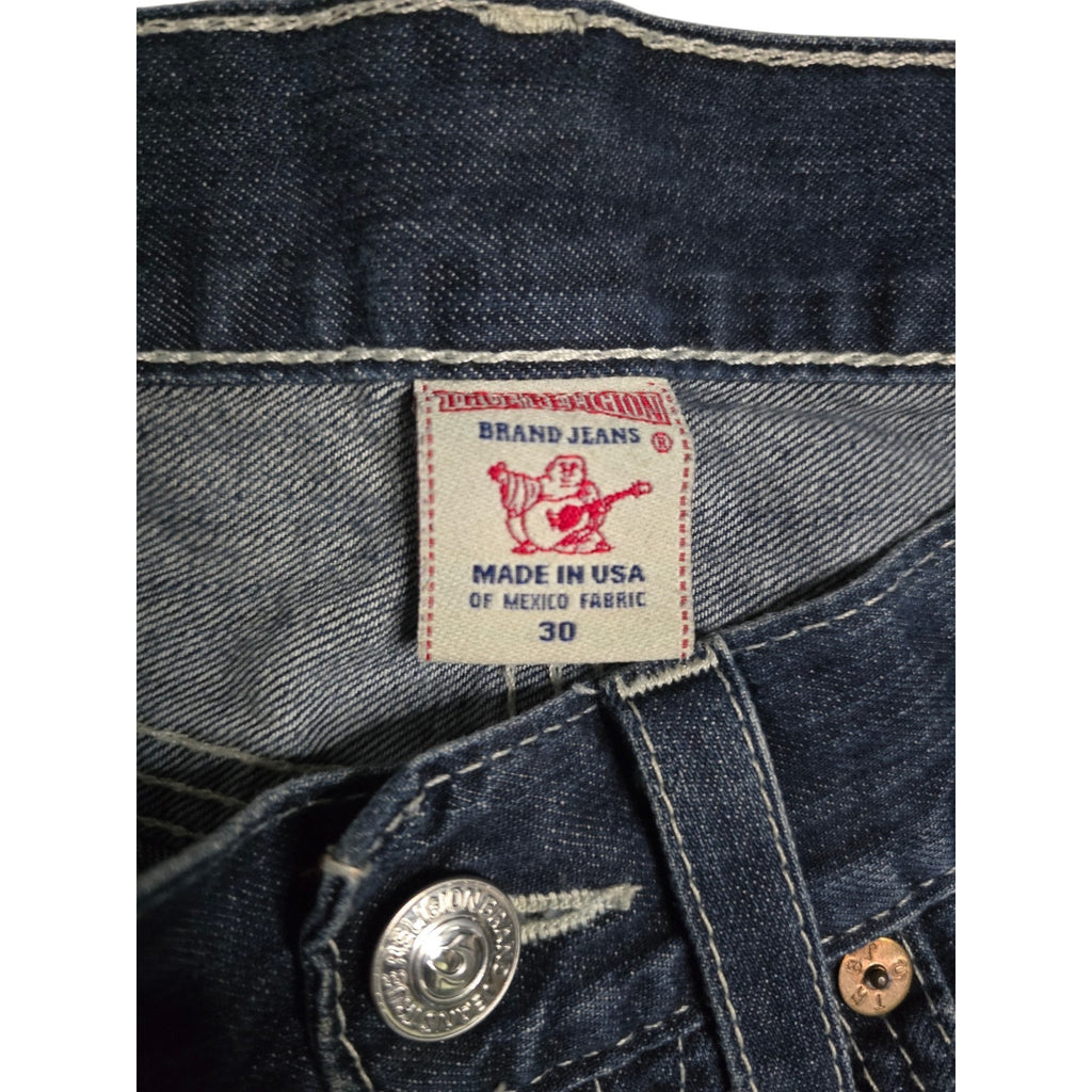 True Religion World Tour Men's Straight Blue Denim Jeans Embroidered Logo Button