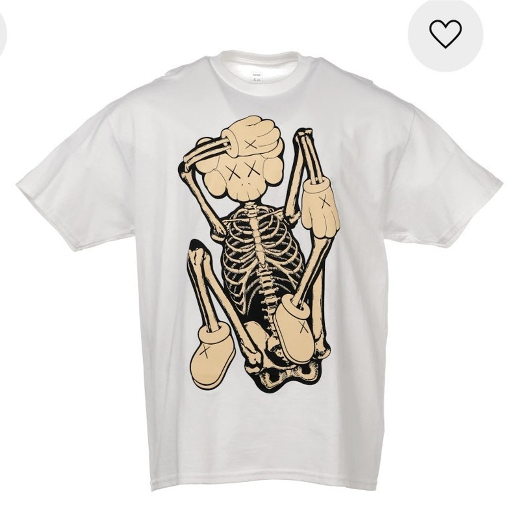 KAWS Skeleton NEW FICTION Bone Graphic Cotton T-Shirt White Crew Neck Men XL
