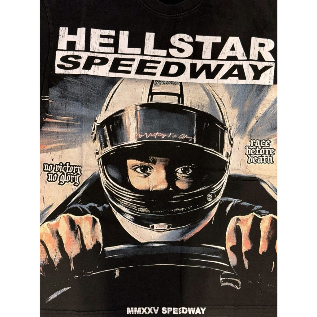 Hellstar Speedway Graphic Cotton T-Shirt Black Crew Neck Men Medium Short Sleeve