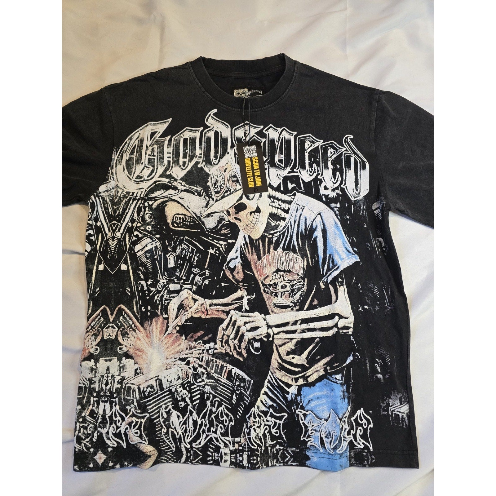 Godspeed Rarity Collection MMXXIV Skeleton Motorcycle Graphic T-Shirt Black Men…