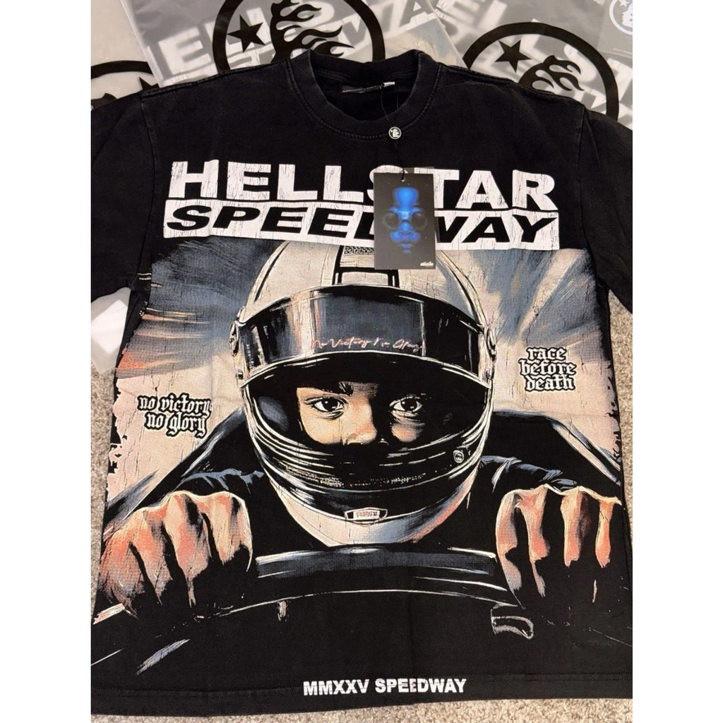 Hellstar Speedway Graphic Cotton T-Shirt Black Crew Neck Men Medium Short Sleeve