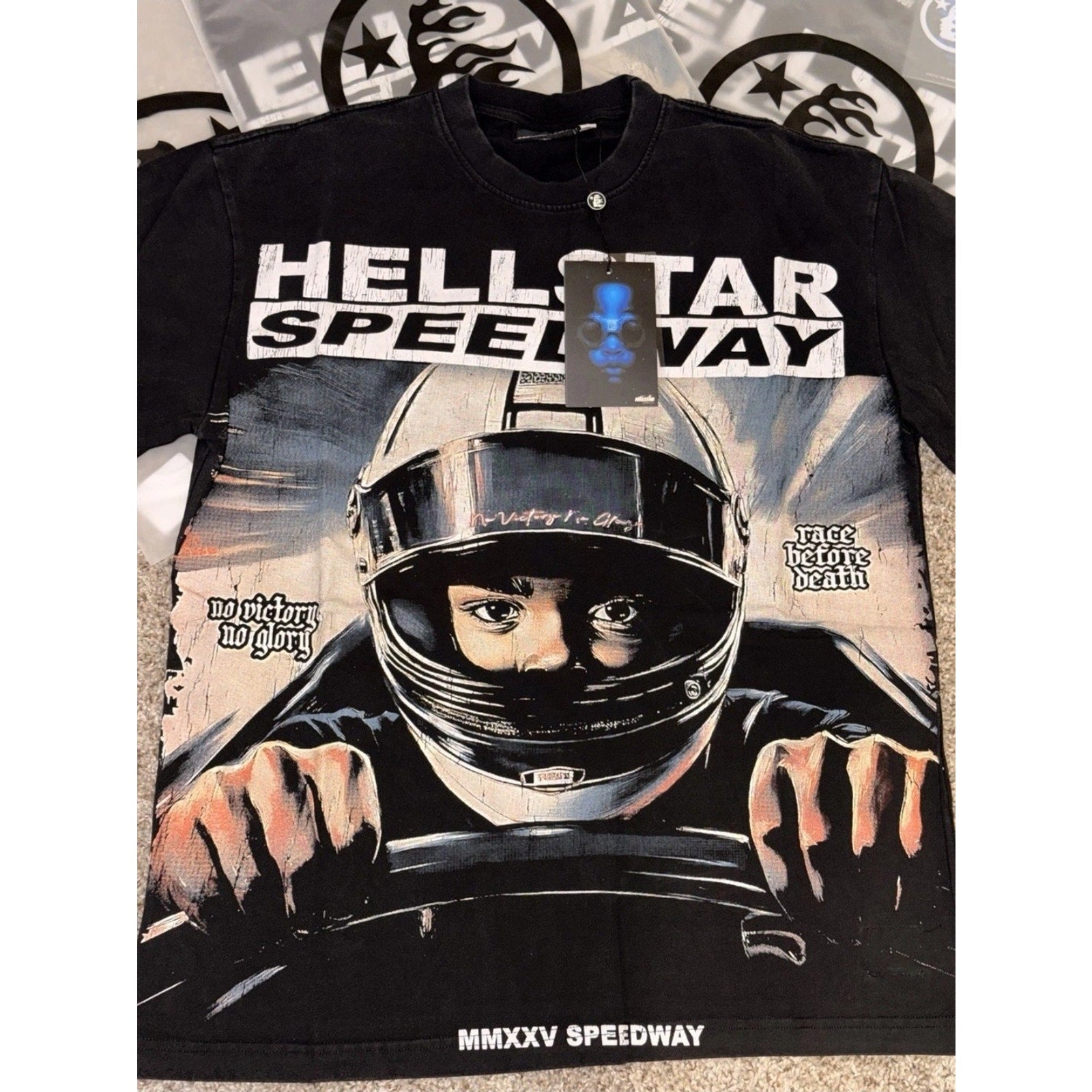 Hellstar Speedway Graphic Cotton T-Shirt Black Crew Neck Men Medium Short Sleeve