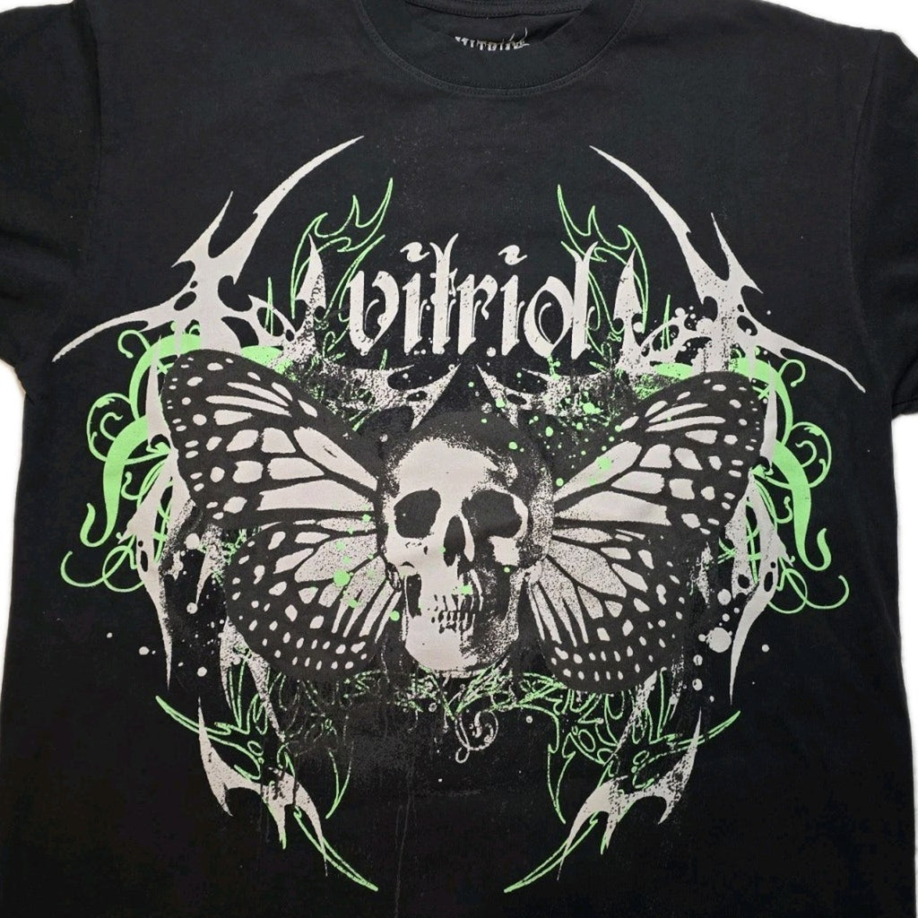 Vitriol Skull Butterfly Cross Graphic Cotton T-Shirt Black Crew Neck Men Medium