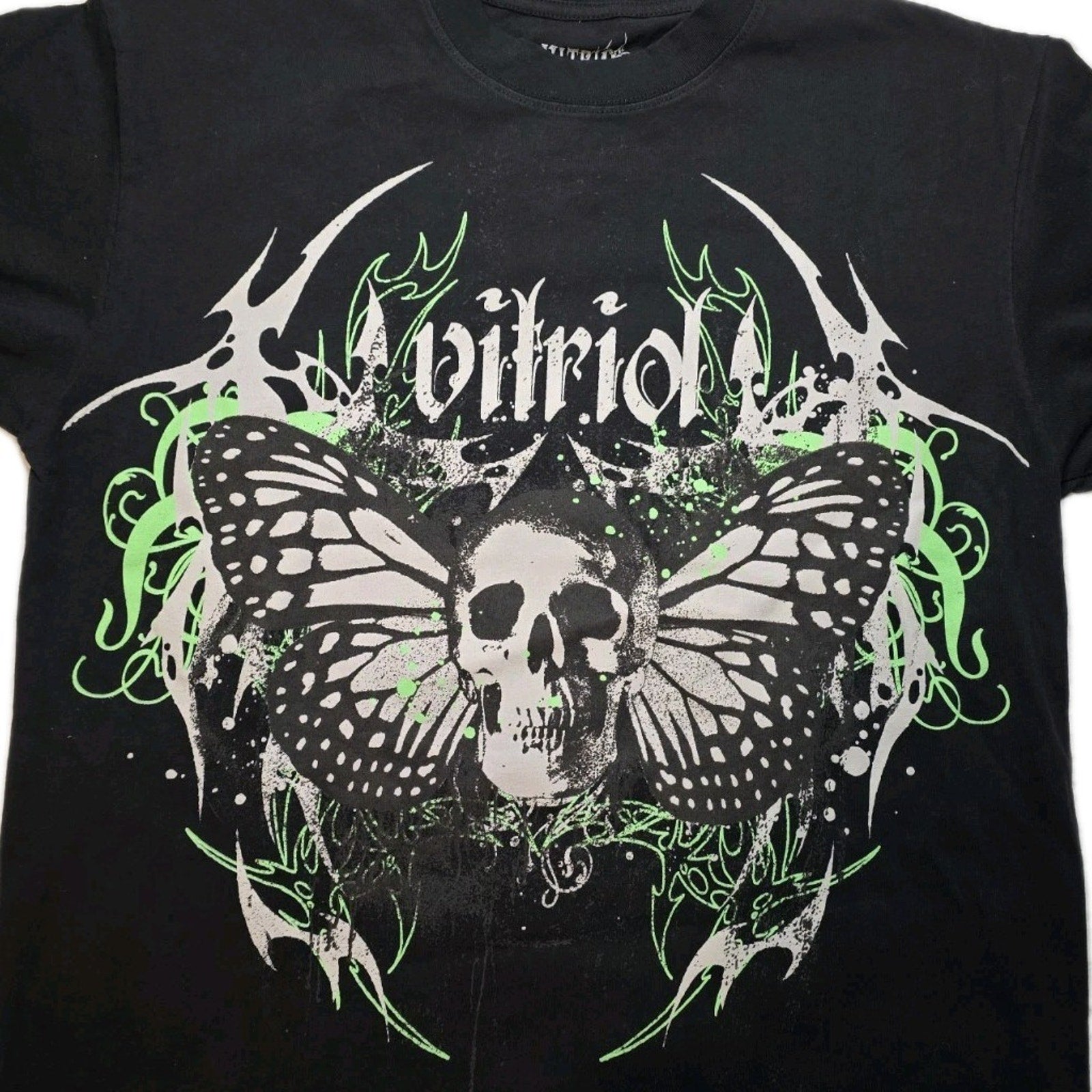 Vitriol Skull Butterfly Cross Graphic Cotton T-Shirt Black Crew Neck Men Medium