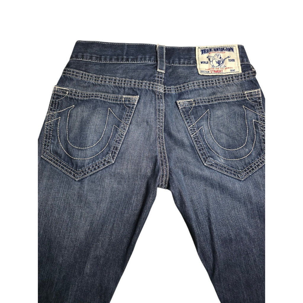 True Religion World Tour Men's Straight Blue Denim Jeans Embroidered Logo Button