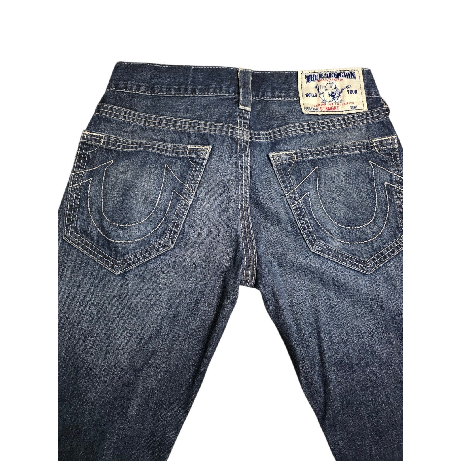 True Religion World Tour Men's Straight Blue Denim Jeans Embroidered Logo Button