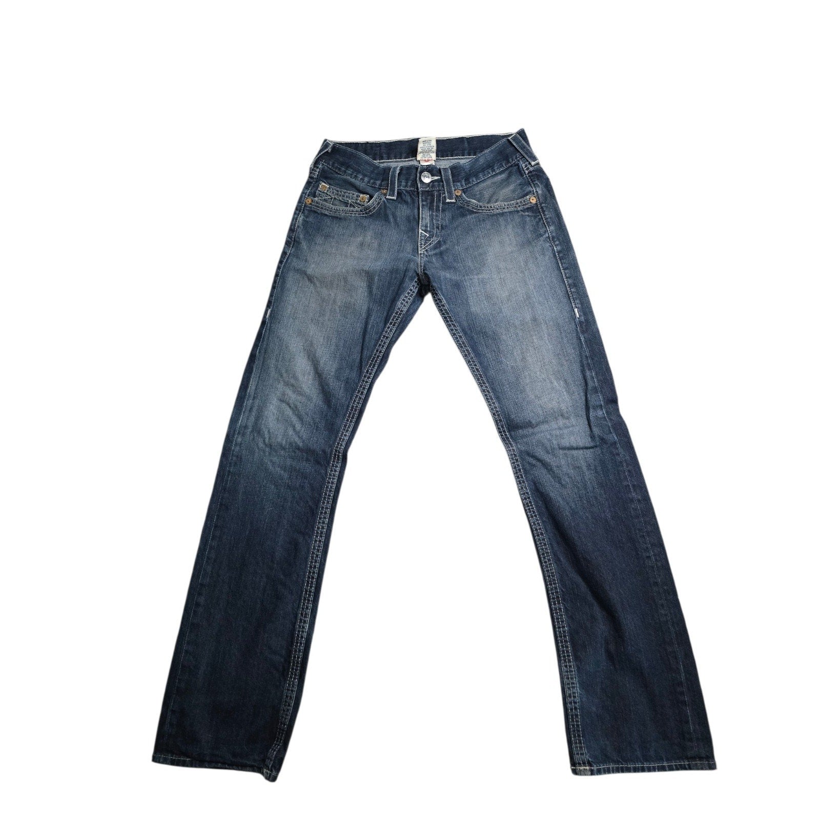 True Religion World Tour Men's Straight Blue Denim Jeans Embroidered Logo Button