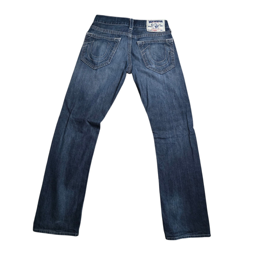 True Religion World Tour Men's Straight Blue Denim Jeans Embroidered Logo Button