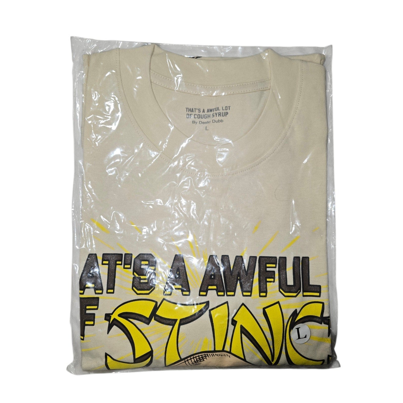 That's A Awful Lot Of Cough Syrup Graphic Print Cotton T-Shirt Beige Men L (DS)