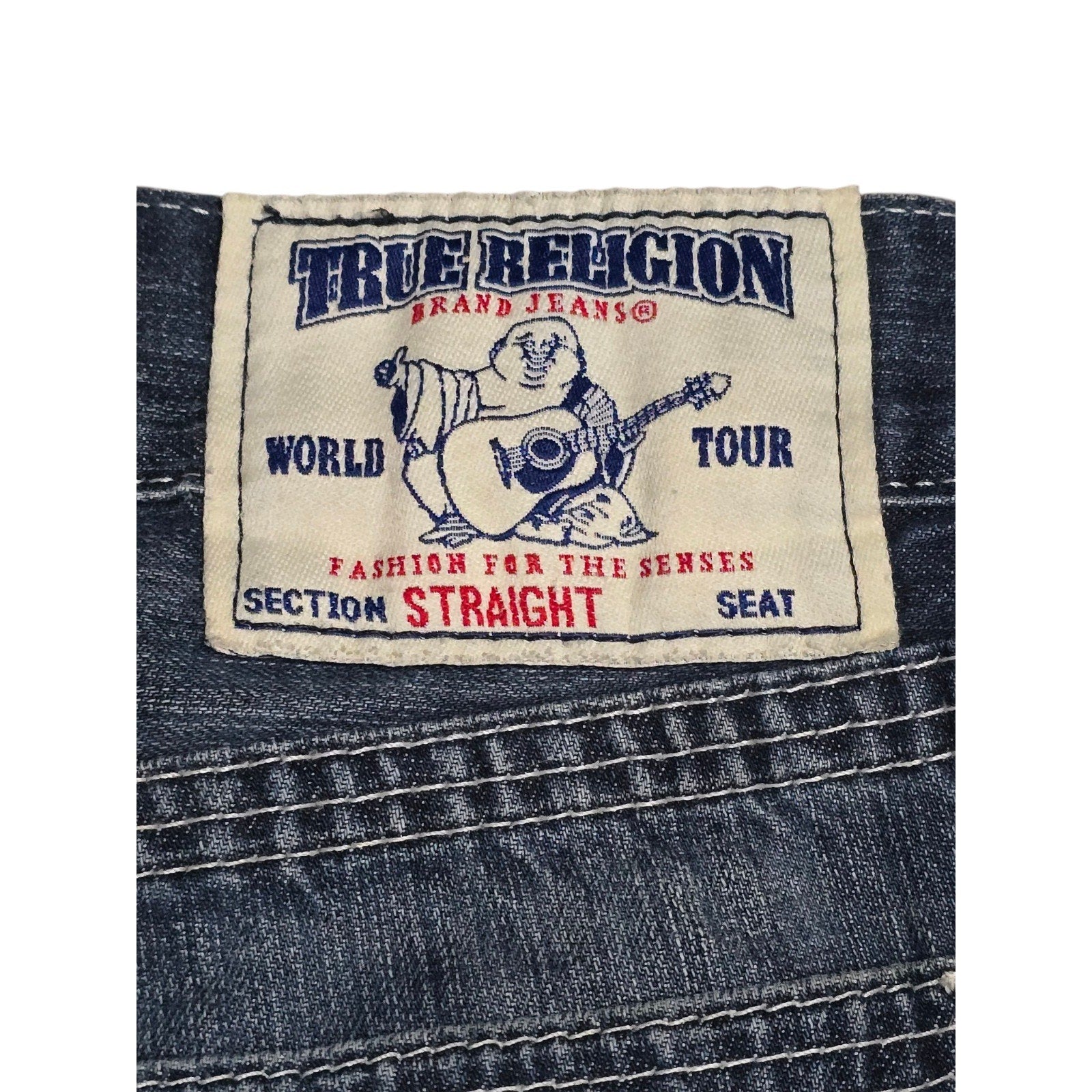 True Religion World Tour Men's Straight Blue Denim Jeans Embroidered Logo Button