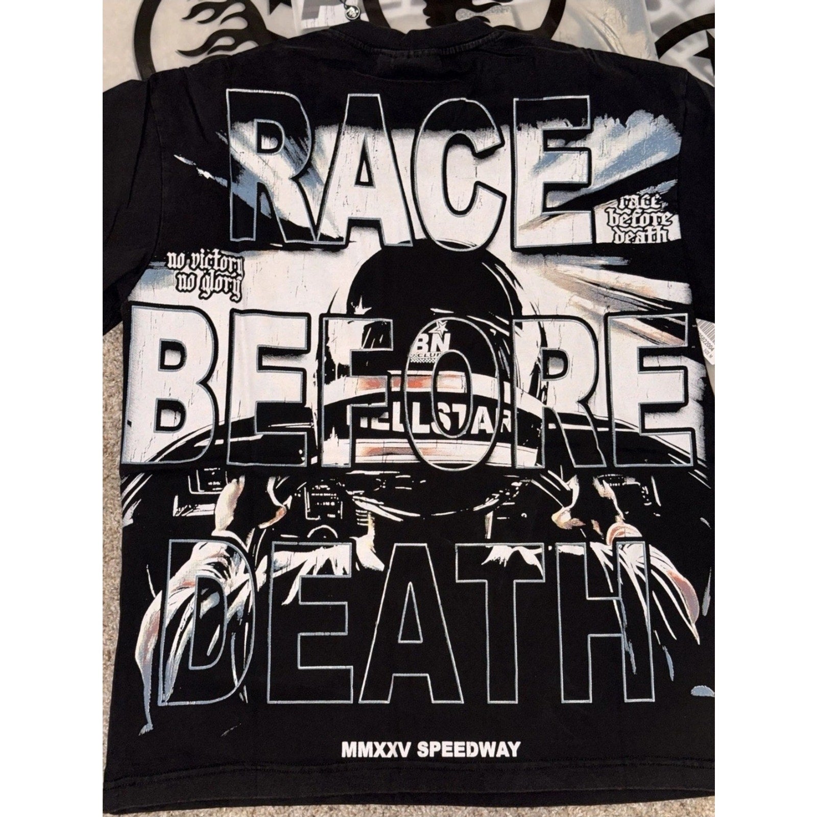 Hellstar Speedway Graphic Cotton T-Shirt Black Crew Neck Men Medium Short Sleeve