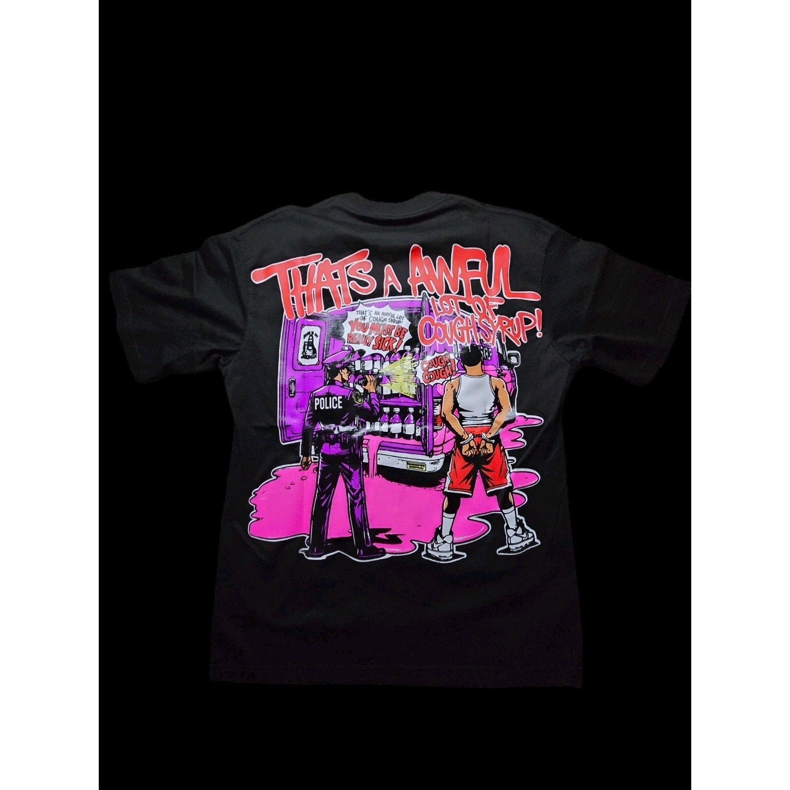 That's A Awful Lot Of Cough Syrup Graphic Cotton T-Shirt Black Crew Neck Men M
