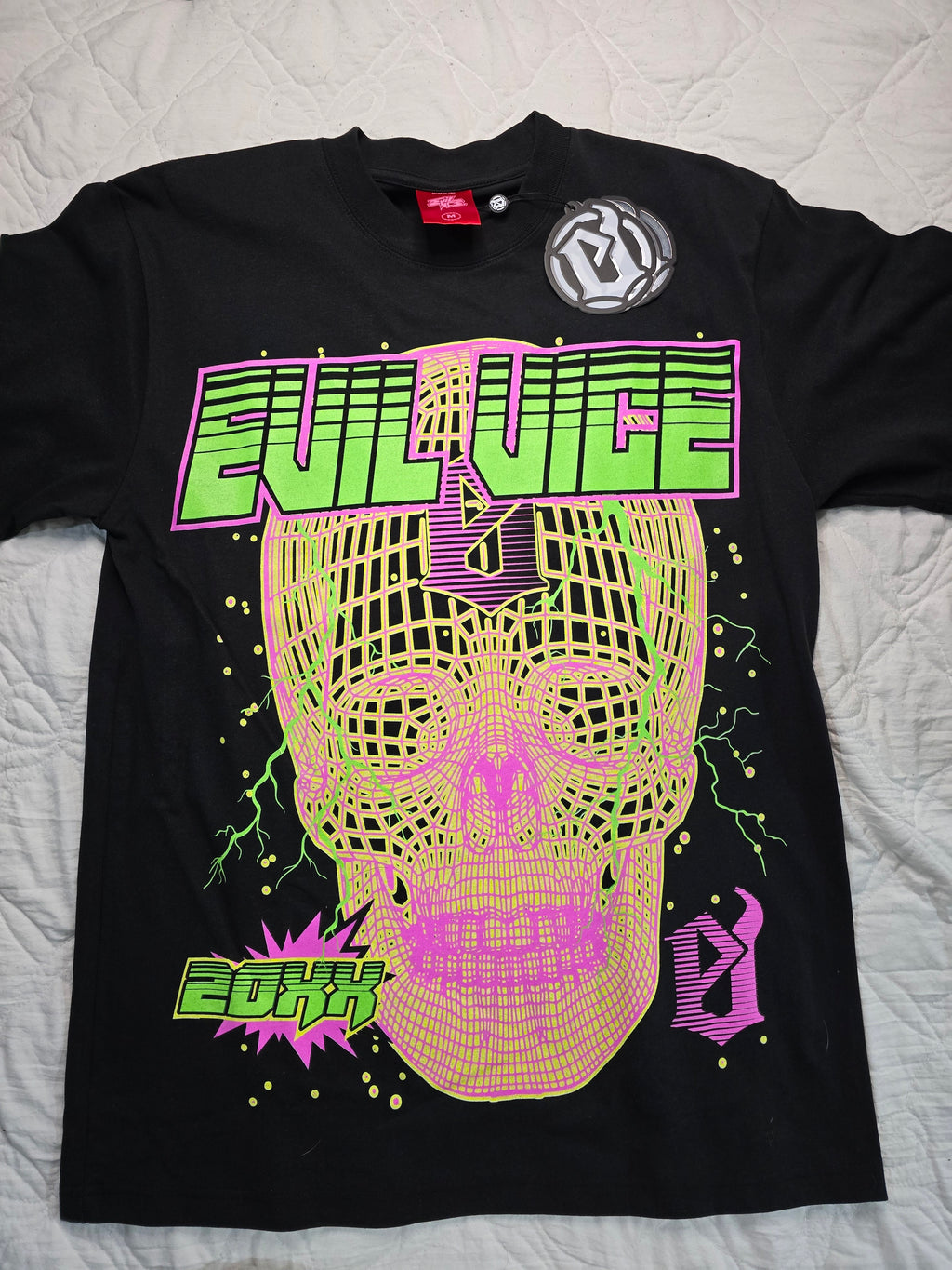 Evil Vice Neon Skull Graphic T Shirt Black Cyber Y2K Mens Medium USA