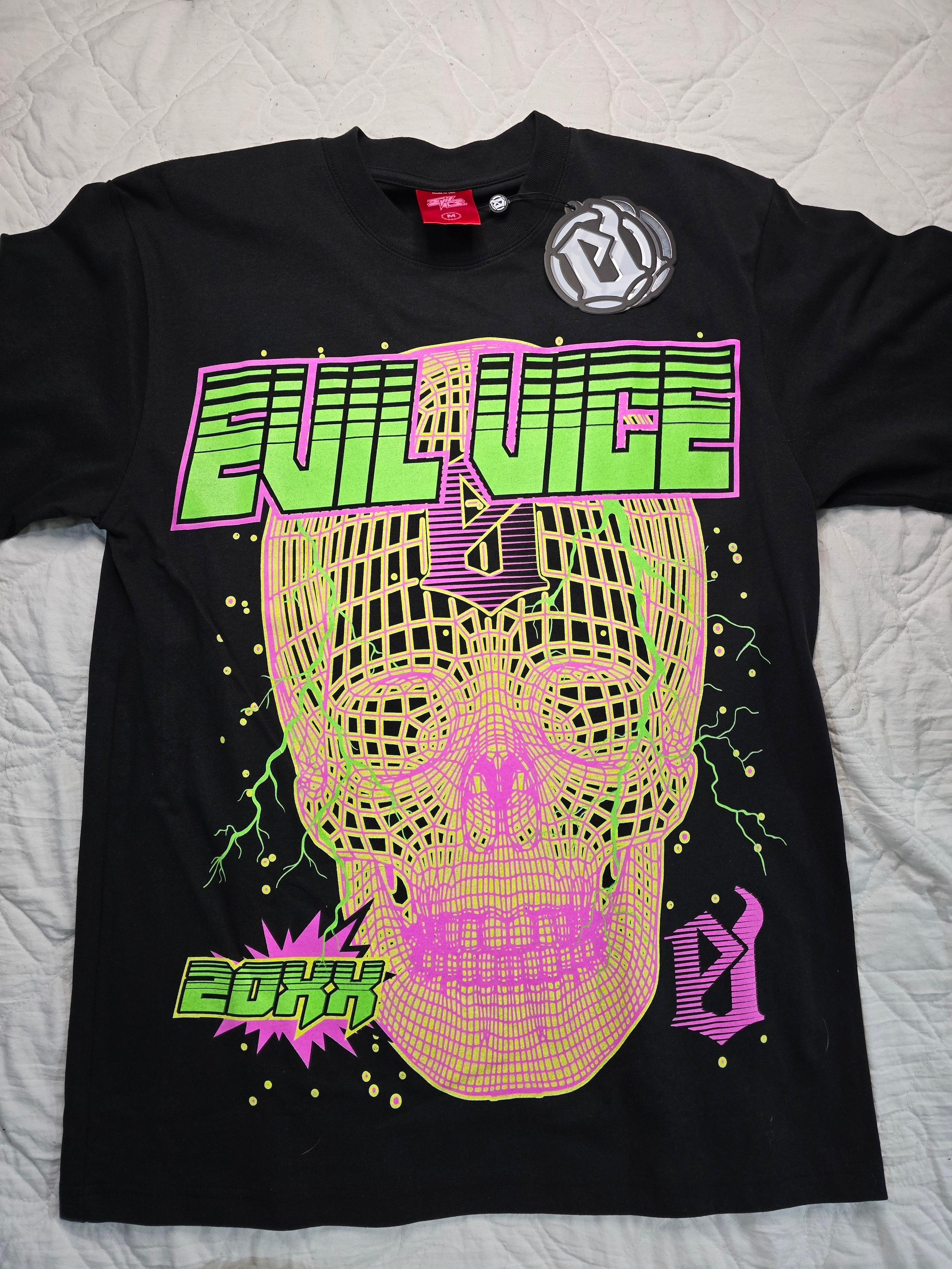 Evil Vice Neon Skull Graphic T Shirt Black Cyber Y2K Mens Medium USA