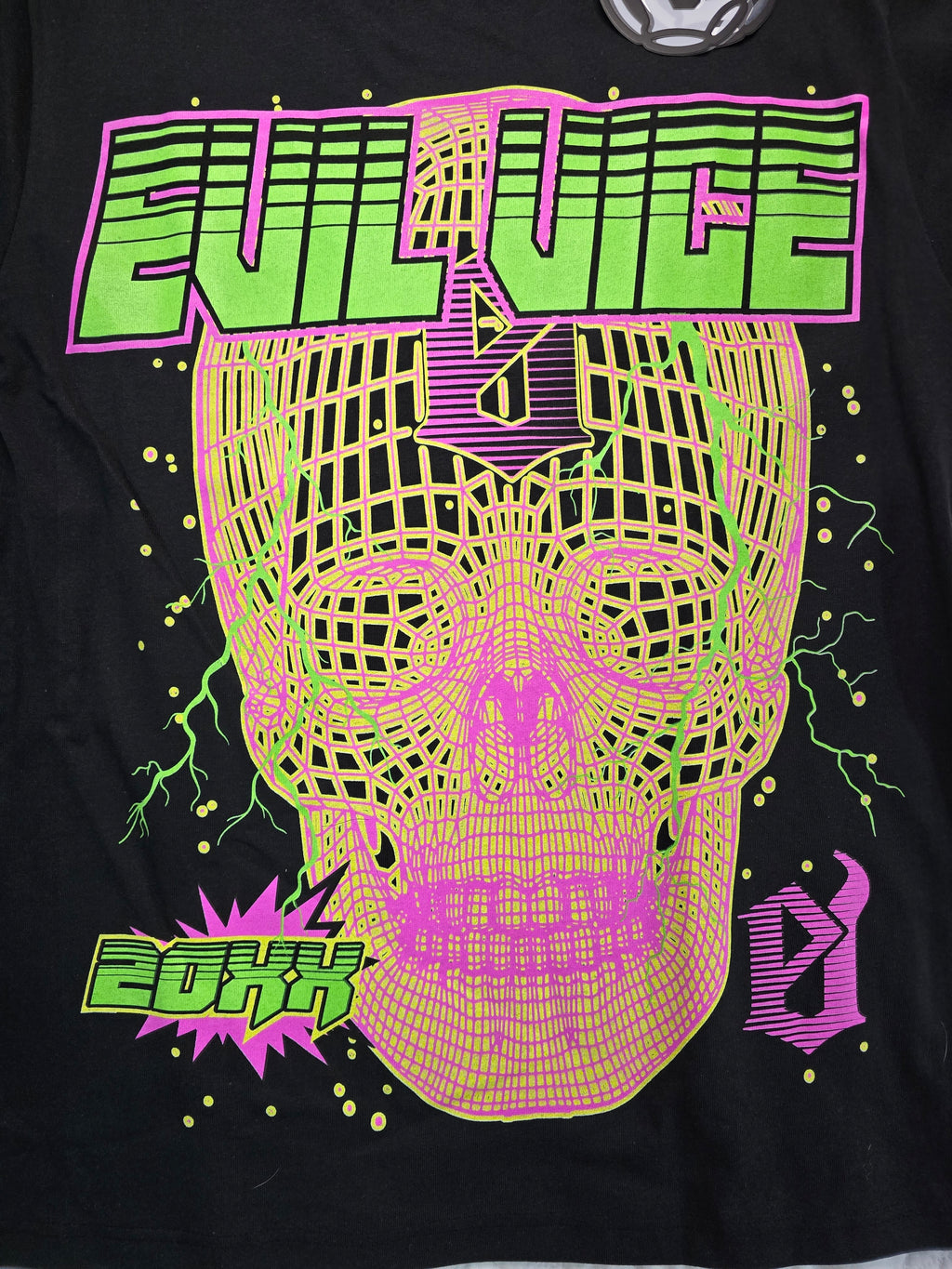 Evil Vice Neon Skull Graphic T Shirt Black Cyber Y2K Mens Medium USA