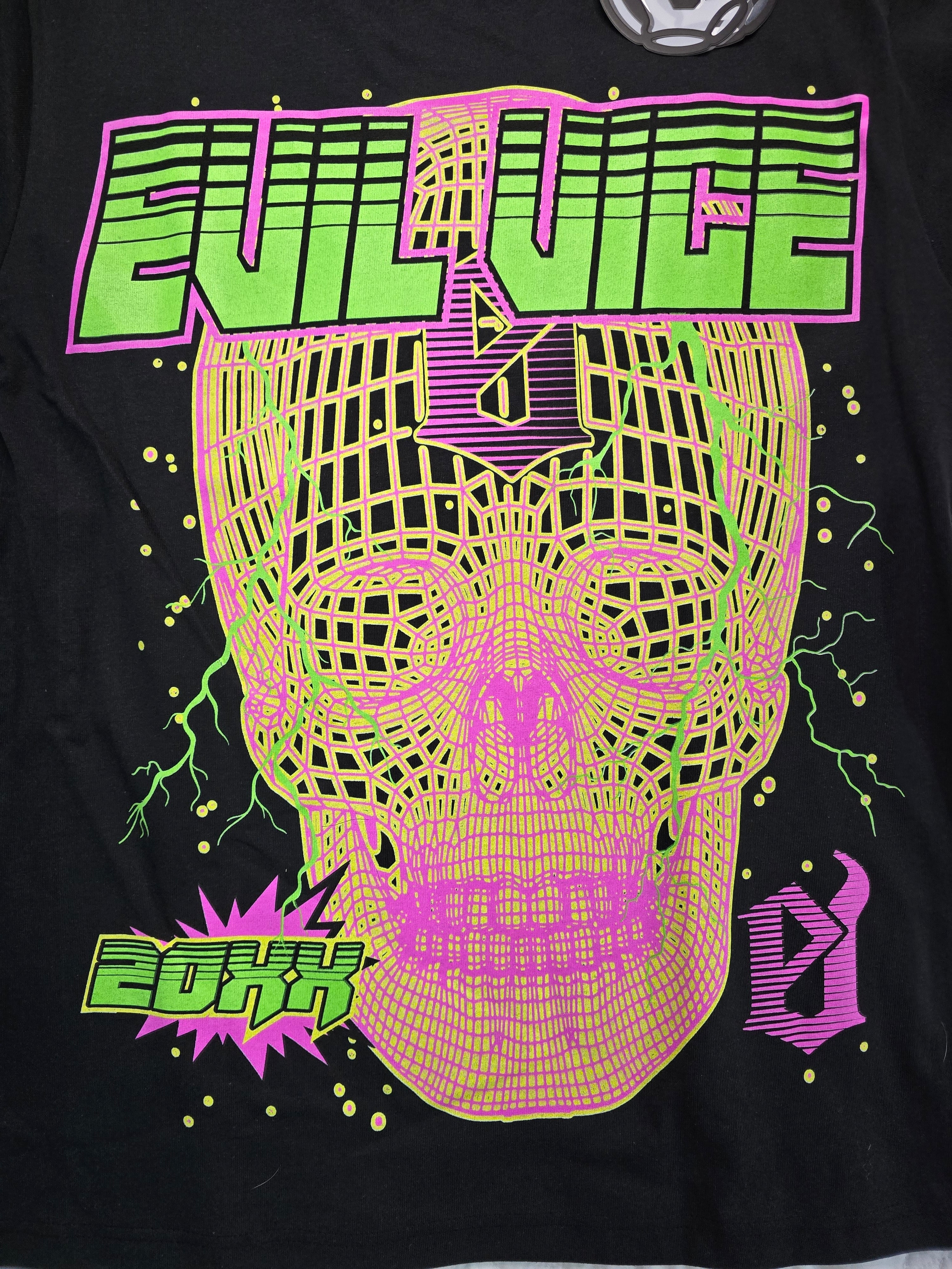 Evil Vice Neon Skull Graphic T Shirt Black Cyber Y2K Mens Medium USA