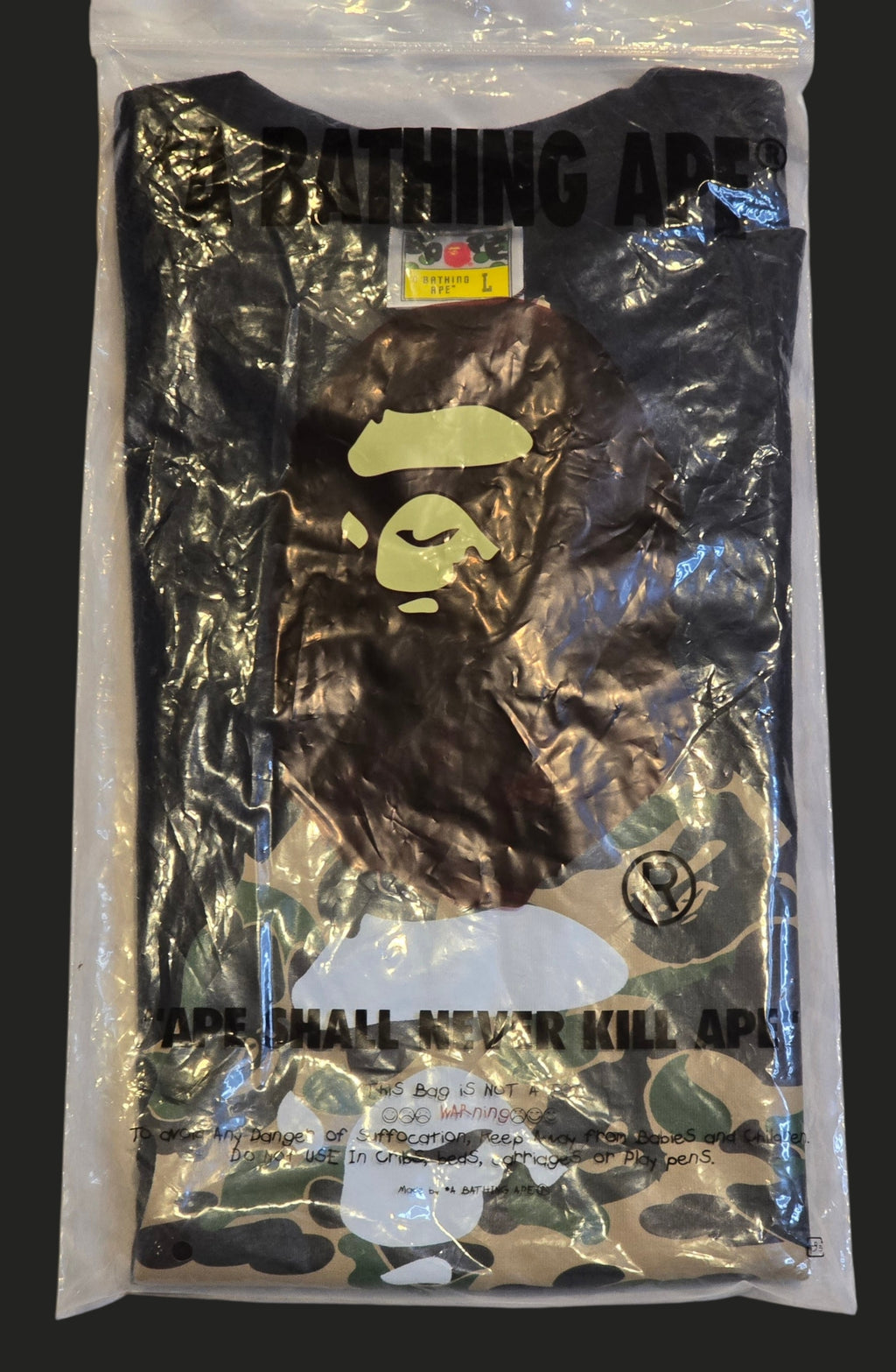 A Bathing Ape Bape Men's Black Ape Head Camo Graphic Logo Tee Crew Neck Large